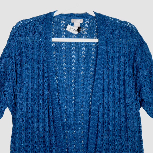 Chicos Cardigan Sweater Womens Size 2 Large Blue Tunic Open Short Sleeve - Picture 4 of 6